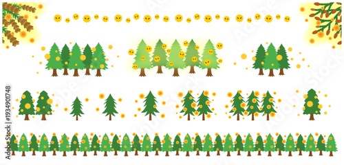 花粉を飛ばすスギとヒノキの木 ベクターイラストセット