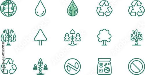 A collection of green line art icons representing environmental protection, nature, and recycling themes on a white background.