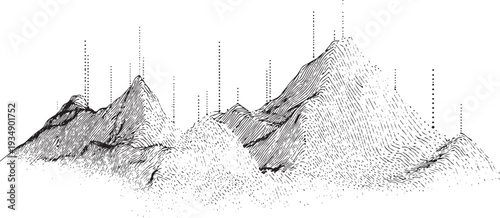 Black and white abstract mountain range with dotted elevation markers