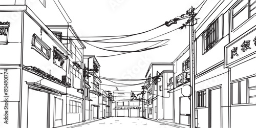 Black and white of a street lined with buildings and overhead wires