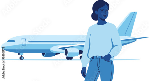 Woman Standing in Front of Airplane Ready for Travel Adventure