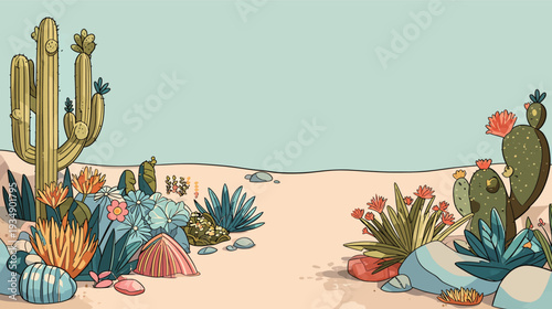 Cacti and other plants grow in a dry desert area under a clear sky during daytime, with rocks scattered around.