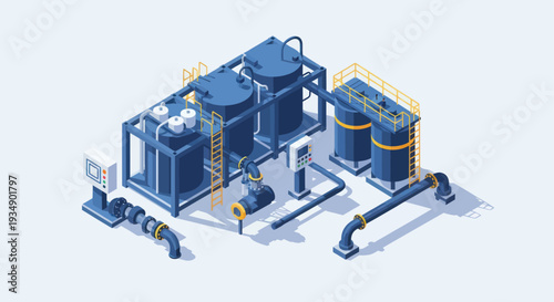 Industrial Water Treatment Plant Isometric Illustration.