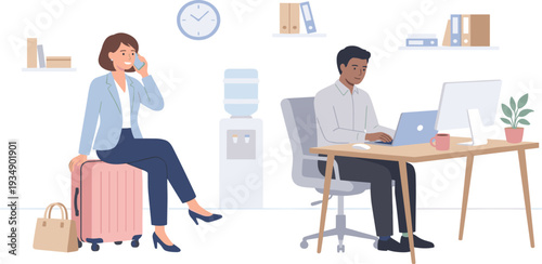 Woman on phone call sitting on luggage in office with man working on laptop