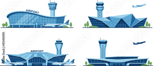 Collection of Modern Airport Terminal Buildings with Control Towers and Airplanes