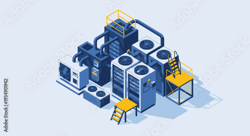 Isometric Data Center Server Room with Cooling Systems and Network Infrastructure.