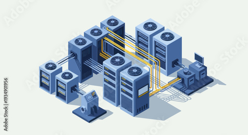 Isometric Data Center Infrastructure with Servers and Network Connections.