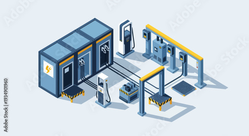 Isometric Electric Vehicle Charging Station with Battery Storage.