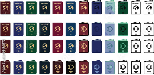 A comprehensive collection of diverse passport illustrations, showcasing various colors and designs for international travel, identification, and global access themes