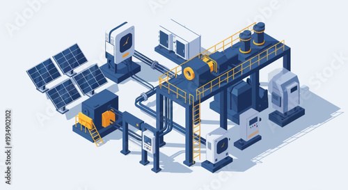 Isometric illustration of a modern industrial solar energy power plant.