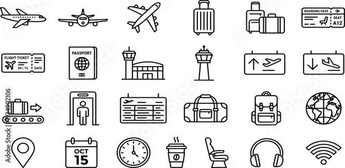 A collection of travel-related icons, including transportation, luggage, and accessories, viewed from a straightforward perspective in a simple graphic style.