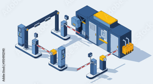 Isometric illustration of an automated car wash system with multiple bays and entry points.