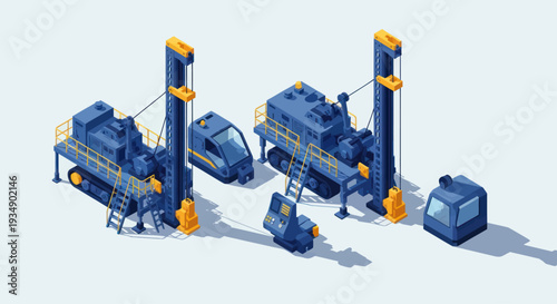 Isometric illustration of heavy drilling machinery and equipment for construction and mining operations.