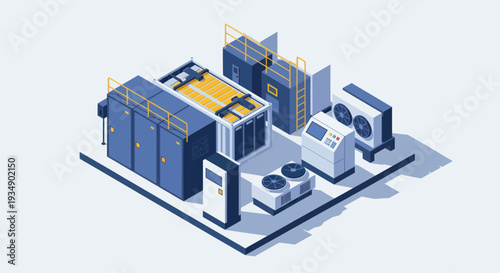 Isometric illustration of industrial cooling and HVAC equipment.