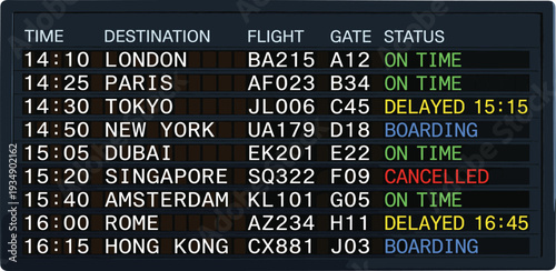 Real-time airport display board showing various international flight statuses, including on-time, delayed, and cancelled departures, reflecting the dynamic nature of global travel