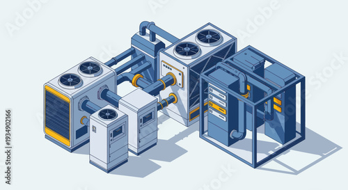 Isometric illustration of industrial HVAC and server room equipment.
