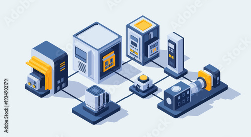 Isometric illustration of interconnected industrial machines and technology components.