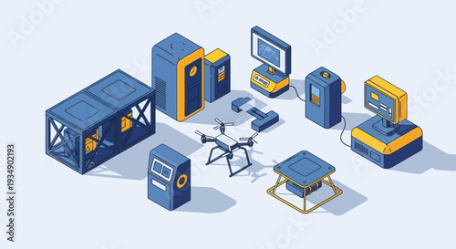 Isometric illustration of various industrial and technological equipment.