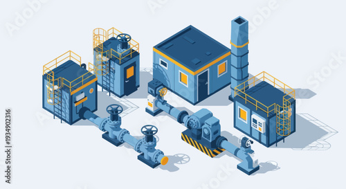 Isometric Industrial Complex with Buildings and Pipelines.