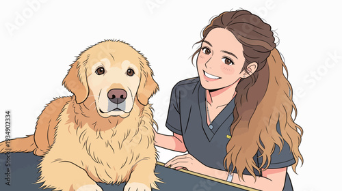 A person wearing scrubs smiles next to a golden retriever in a veterinary clinic. The dog looks friendly and happy.