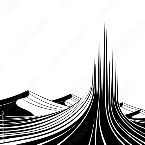 Abstract desert landscape illustration with modern stylized dunes and a tall futuristic spire structure rising into the white sky. This graphic art piece evokes concepts of growth, progress, and innov