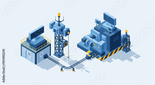 Isometric industrial complex with communication tower and machinery.