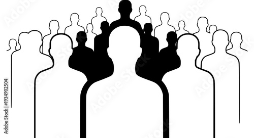 Silhouette illustration representing a diverse group of people standing together emphasizing leadership standing out from the anonymous crowd composition clearly.