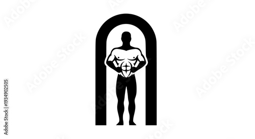 Strong muscular bodybuilder silhouette standing inside a clean arch shape representing fitness achievement, gym logo concept, and dedicated athletic performance vector graphic design.
