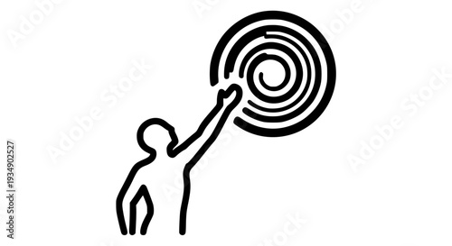 Stylized human figure reaching for a concentric spiral symbol, representing connection, ambition, and the pursuit of goals. This graphic illustration depicts interaction, achievement, target acquisiti