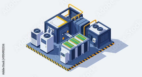 Isometric Industrial Facility with Machinery and Cooling Units.