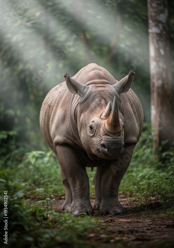Critically endangered Javan rhinoceros standing in tropical rainforest habitat in Indonesia. Rare one-horned rhino captured in natural jungle environment with soft mist and dramatic lighting, symboliz