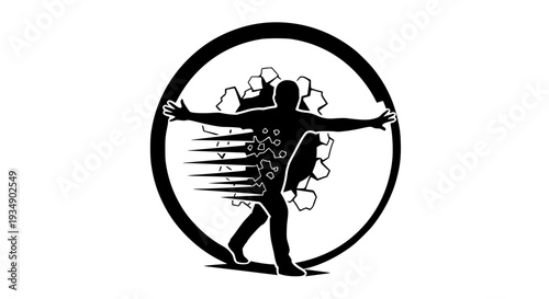 Silhouette of a Person Breaking Through a Cracked Circular Barrier with Arms Spread Wide Symbolizing Freedom, Transformation, and Overcoming Obstacles in Graphic Design.