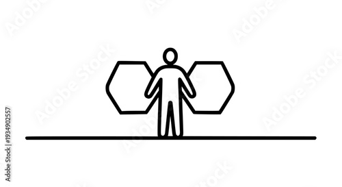 Minimalist line art icon depicting a person standing between two large empty hexagon shapes symbolizing choice, options, abstract comparison, or structured data integration concepts.