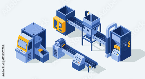 Isometric industrial factory machines and conveyor belts illustration.