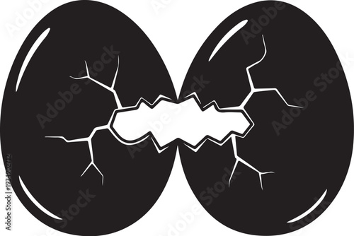 Cracked Black Eggshell Breaking Apart on White Background Illustration