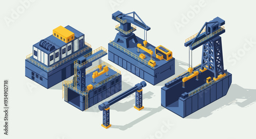 Isometric Industrial Factory Machines and Cranes Set.