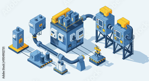 Isometric Industrial Factory Production Line Machinery.