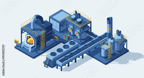 Isometric Industrial Factory Production Line with Machinery and Conveyor Belt.