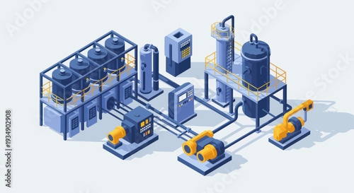 Isometric Industrial Factory with Automated Production and Robotic Arms.