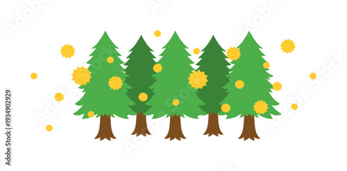 大量の花粉を放出する5本の杉の木・杉林のイラスト素材