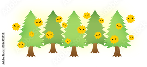 花粉症の脅威を擬人化した杉林と舞い散る花粉のベクターイラスト