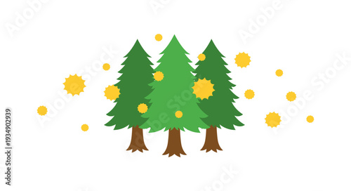 杉林から飛散する花粉のベクターイラスト（3本の樹木）