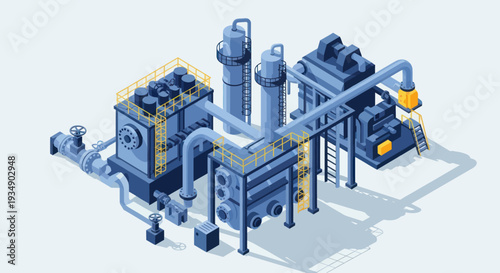 Isometric Industrial Factory with Pipes and Machinery.