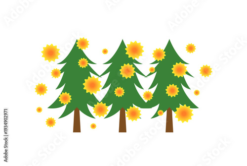 花粉を飛ばすスギの木のグループイラスト・ベクター素材