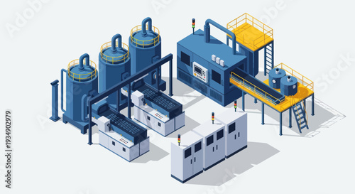 Isometric Industrial Factory with Production Line and Storage Tanks.