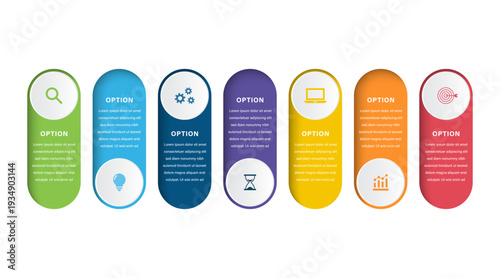 Colorful Six Vertical Rounded Options Infographic Template with Icons for Business, Marketing, Education, and Data Visualization