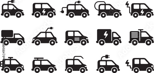 Various Electric and Gasoline Vehicle Silhouettes in a Grid