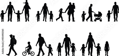 Happy family silhouette collection, parents and children walking holding hands isolated black vector illustration set on white background