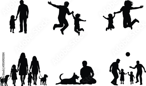 Happy family silhouettes parents playing with children jumping walking with dog family love lifestyle black silhouette isolated on white