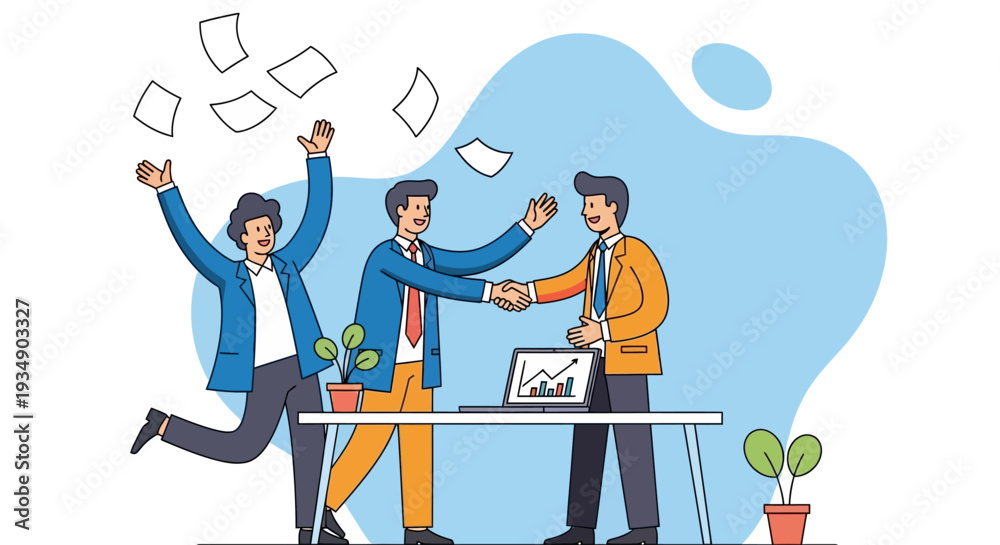 Fototapeta premium Three business professionals celebrating a successful meeting at a desk with documents flying around them in an office environment from a straightforward view
